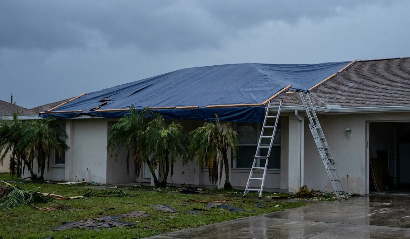 A blue tarp pulled tight over the ridge of a stucco house and held down with screwed wooden battens, under a dark sky after rain