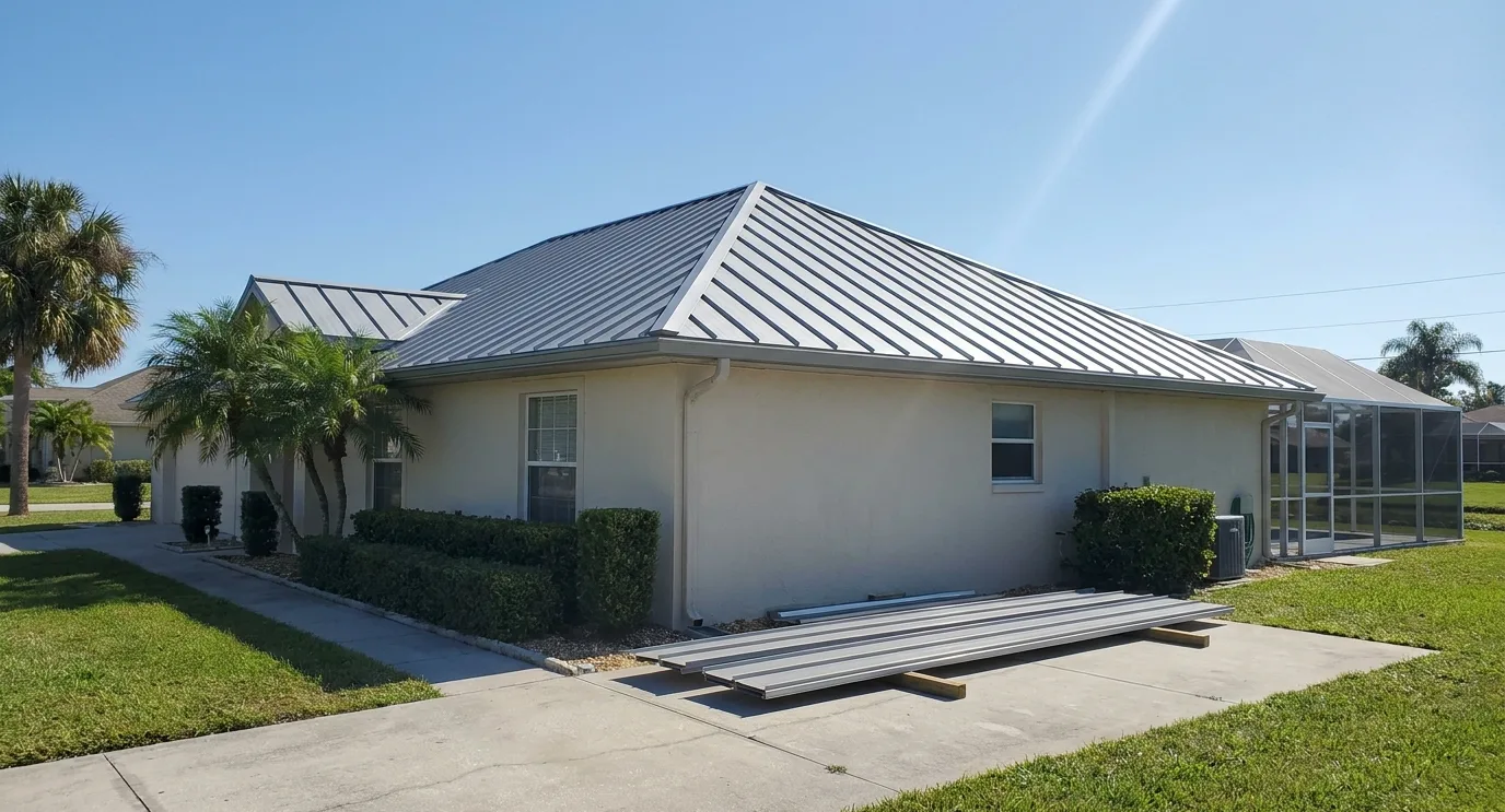A stucco house with a new silver-gray standing-seam metal hip roof, straight vertical seams running up to a capped ridge, with palms and blue sky behind