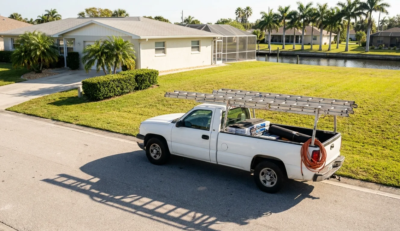 An unmarked white work truck with ladders on its rack and roofing materials in the bed, parked on a quiet Port Charlotte street with a canal and palms behind