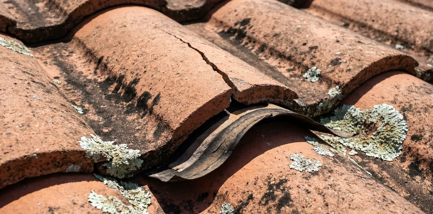 A weathered concrete roof tile cracked across the middle, with the tile below slipped out of line and dried-out underlayment showing in the gap