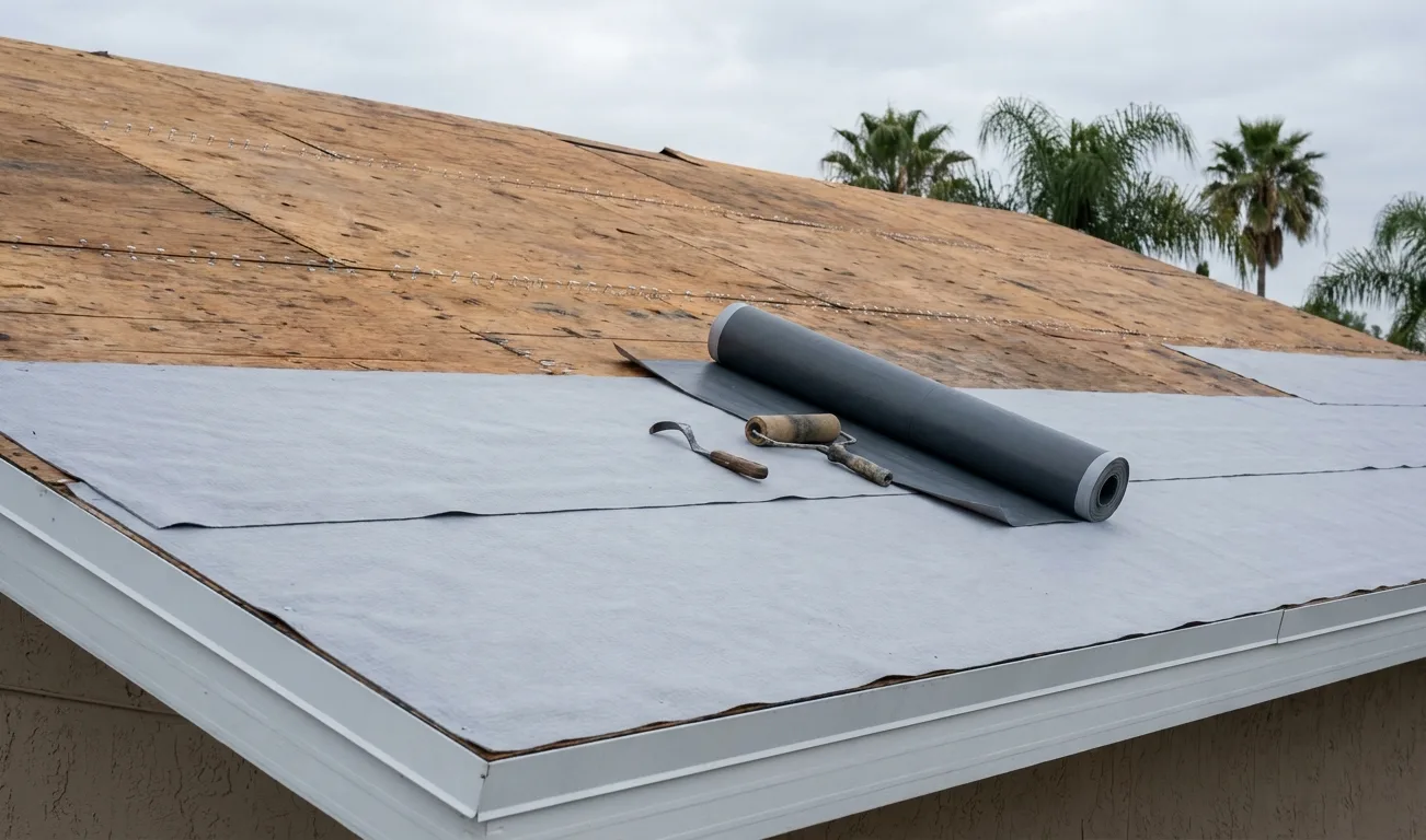 A roof stripped to plywood with self-adhered membrane rolled out across most of the deck and fresh rows of nails visible on the bare section above