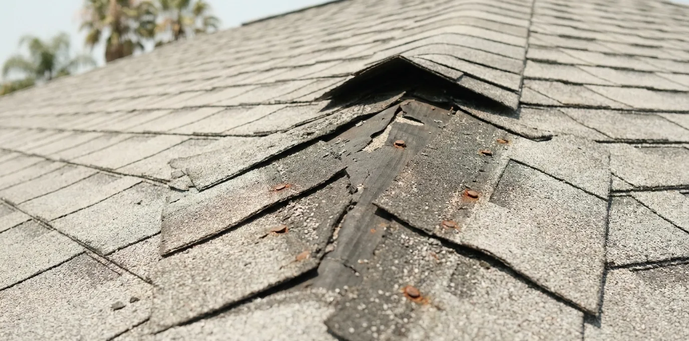 Close view along the hip of a sun-faded shingle roof where several cap shingles have been torn off, leaving nail heads and old felt exposed