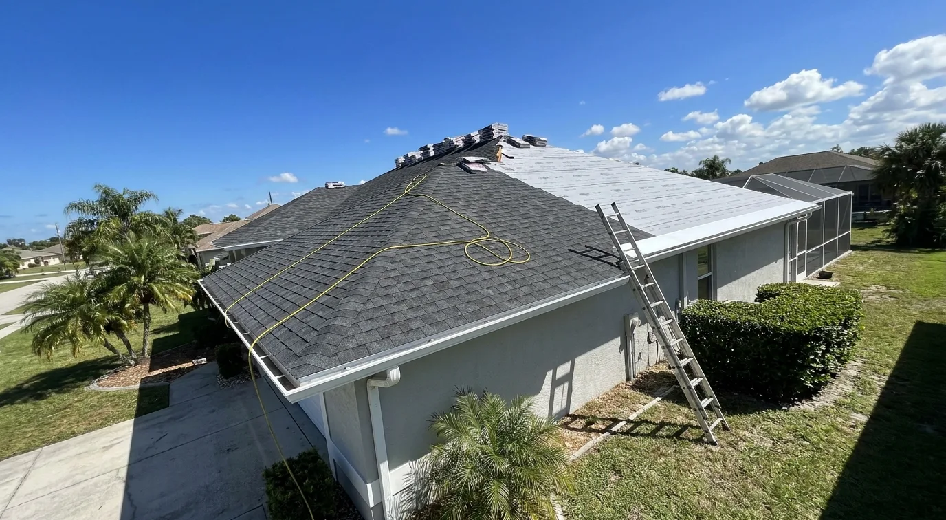 A single-storey stucco house in Port Charlotte part-way through a re-roof, one hip slope finished in new charcoal shingles and the next still in grey underlayment, with shingle bundles along the ridge