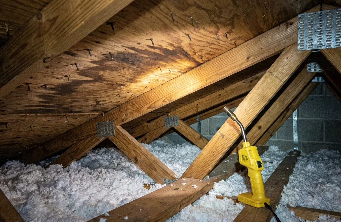 The underside of a plywood roof deck inside a low attic, lit by a work light, showing nail tips, an old water stain and metal straps where the trusses meet the wall