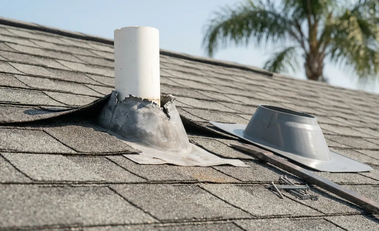 A plumbing vent on a shingle roof whose lead flashing has been chewed away at the top, with a replacement boot and a pry bar laid beside it