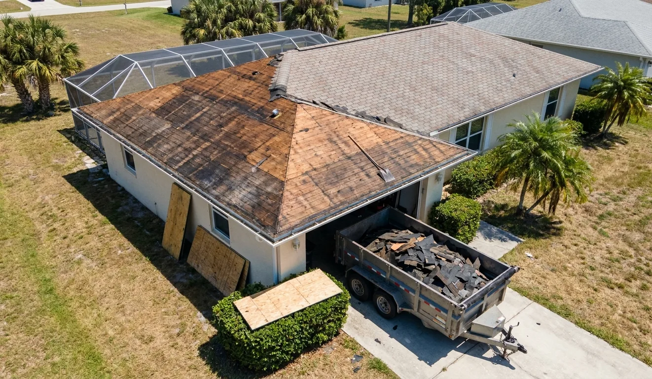 A stucco house with one roof slope stripped to bare plywood and the next still shingled, a dump trailer of old shingles in the driveway and plywood sheets shielding the wall
