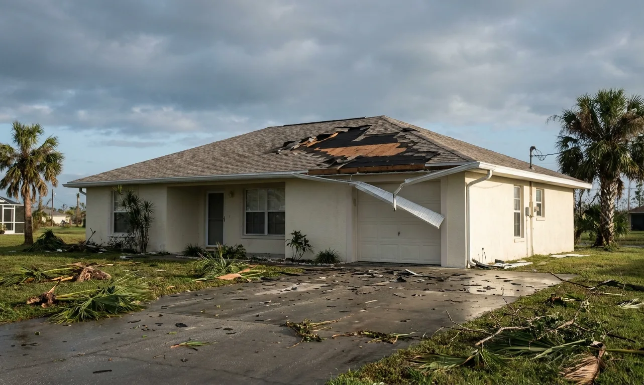 The front of a stucco house after a hurricane, with a wide patch of shingles missing from one roof slope, a soffit panel hanging loose and palm fronds across the lawn